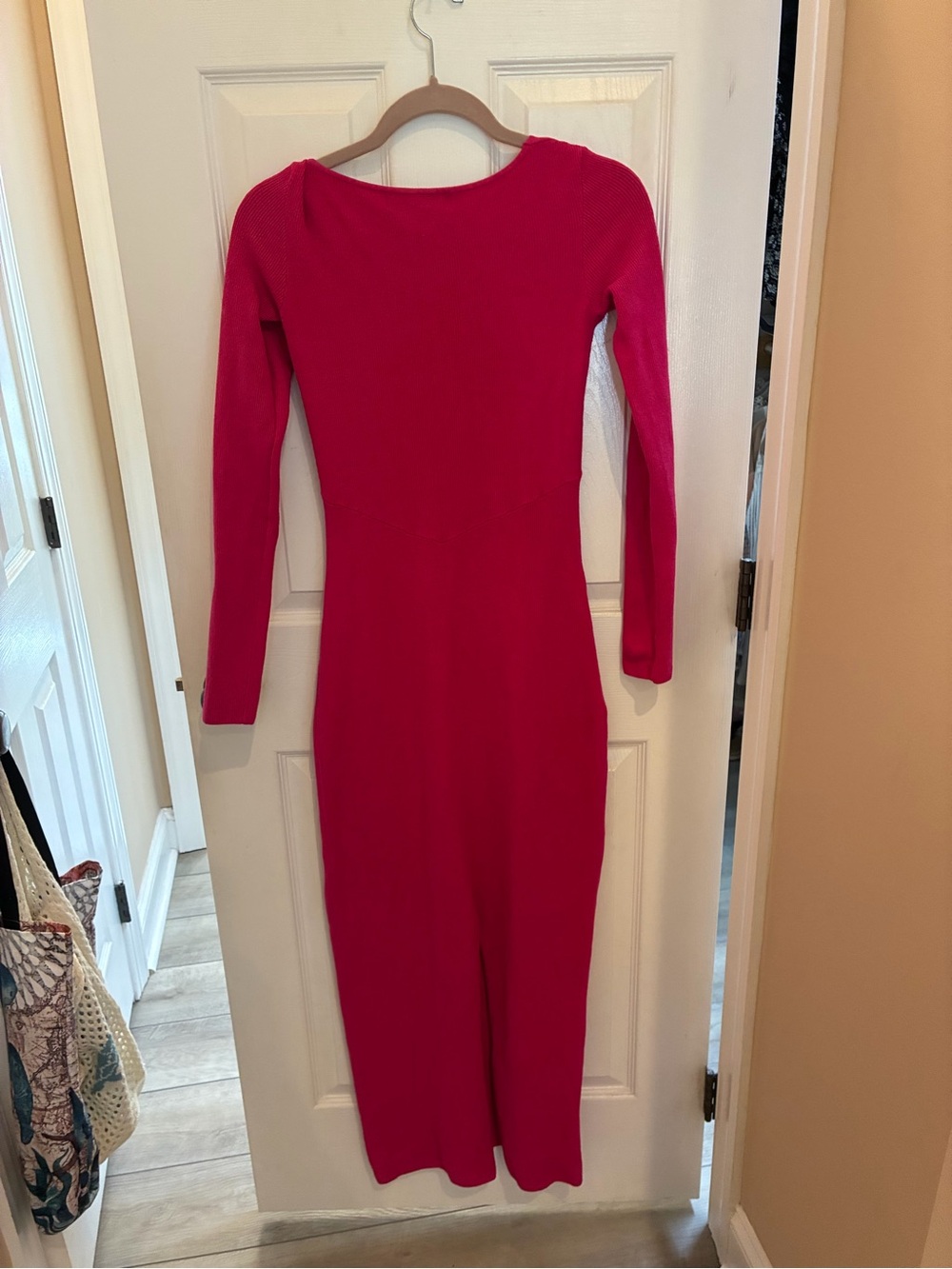 Free People Beach Long Sleeve V-Neck Midi Dress in Hot Pink - Picture 3 of 5